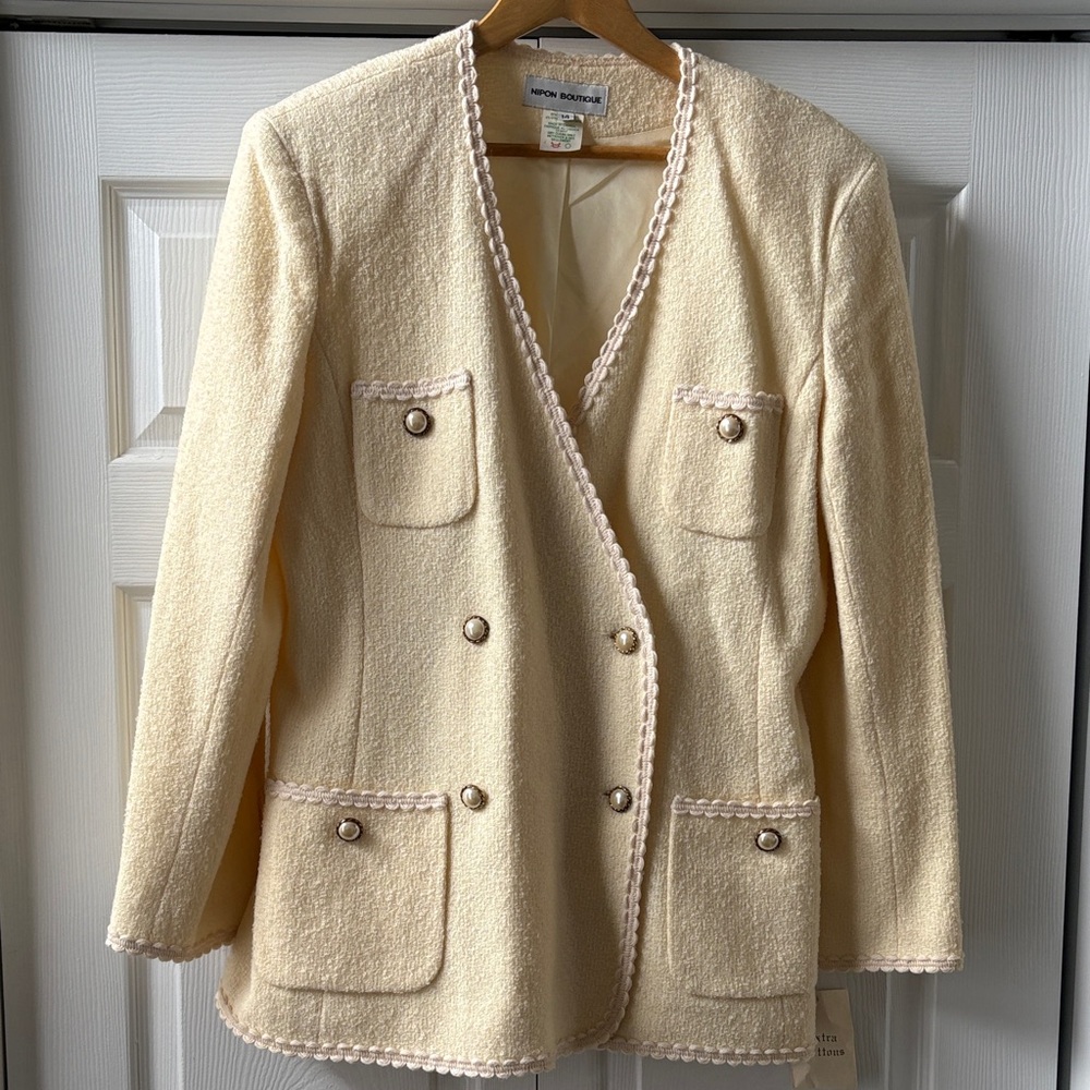 Nipon Boutique Vintage 80s Cream Bouclé Double-Breasted Blazer&Skirt Suit NWT